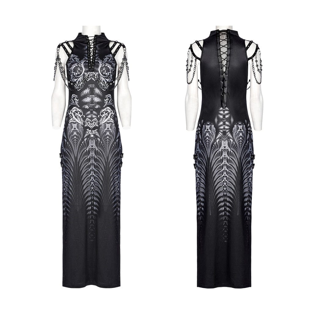 Women's Gothic Strappy Side Slit Dress with Chain - Image 5