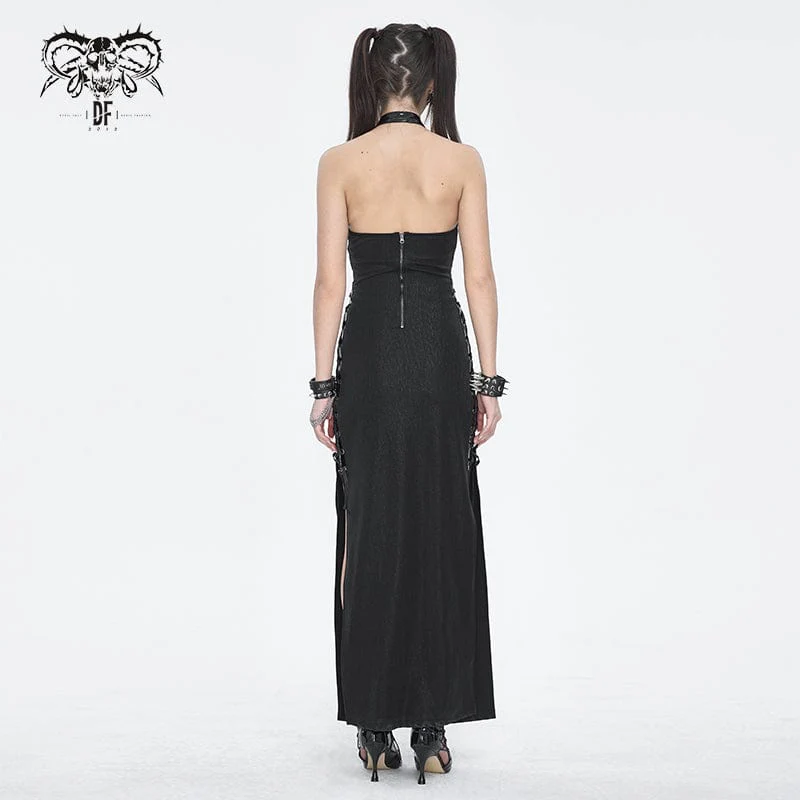 Women's Gothic Strappy Side Slit Fitted Halterneck Dress - Image 11