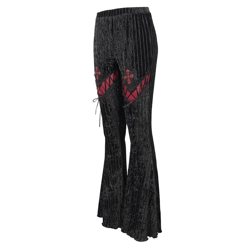 Women's Gothic Strappy Splice Ribbed Flared Pants - Image 8
