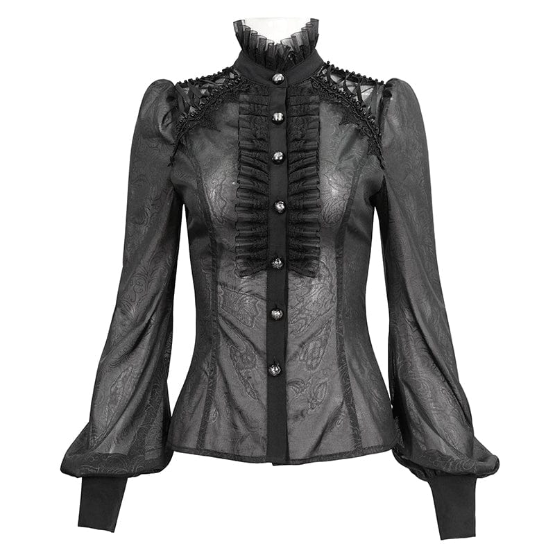 Women's Gothic Strappy Stand Collar Ruffled Shirt - Image 5