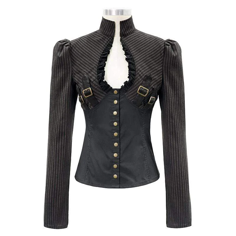 Women's Gothic Striped Falbala Splicing Faux Leather Shirts - Image 4