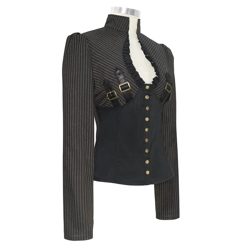 Women's Gothic Striped Falbala Splicing Faux Leather Shirts - Image 5
