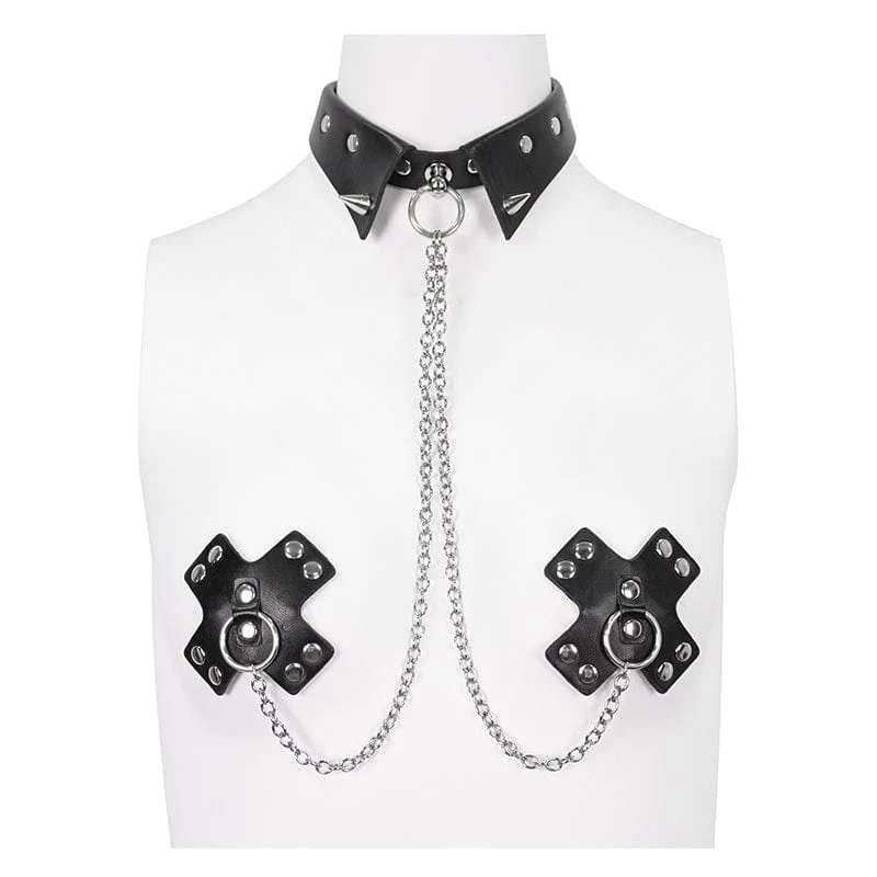 Women's Gothic Studded Chain Choker With Breast Covers - Image 4
