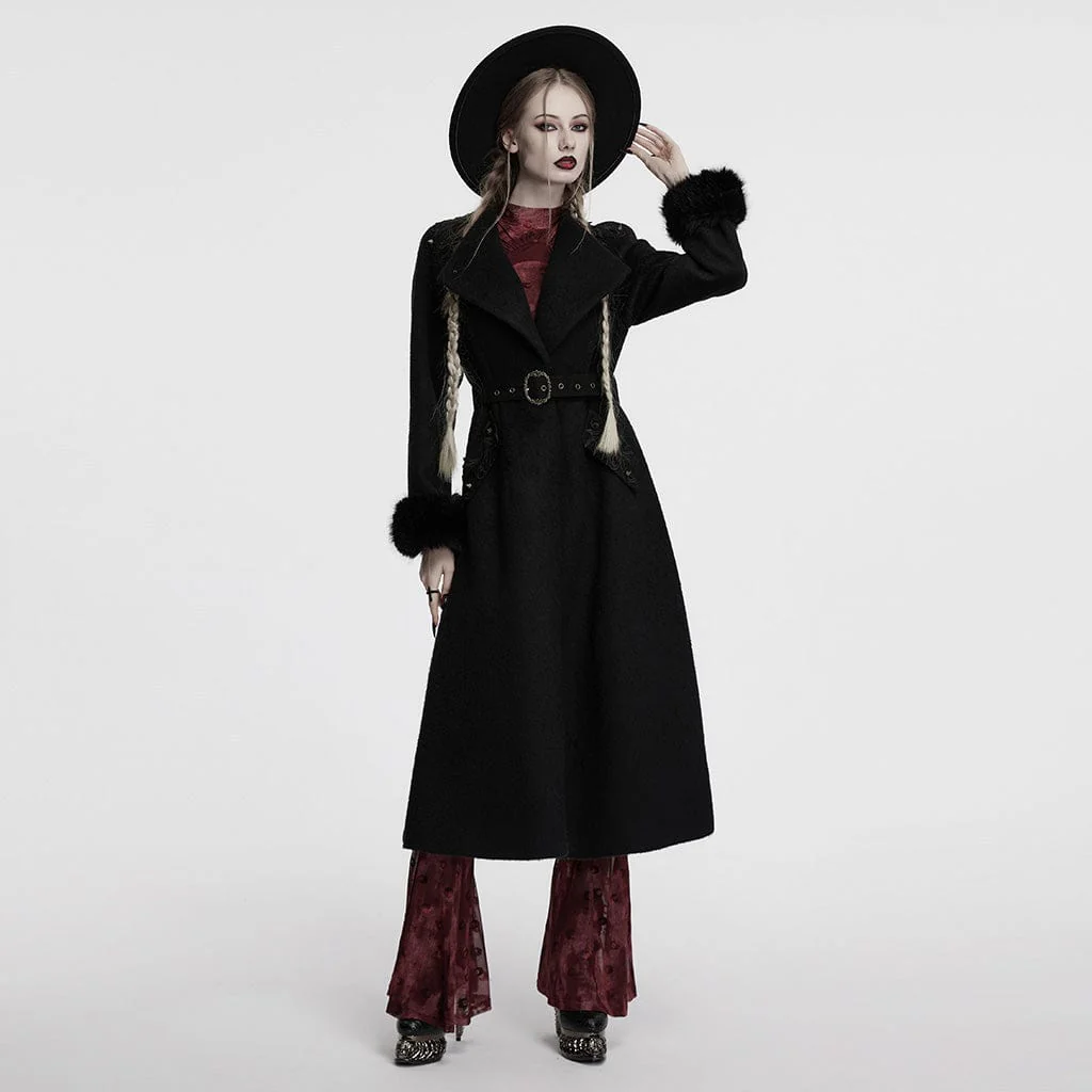 Women's Gothic Studded Floral Embroidered Faux Fur Splice Coat - Image 4