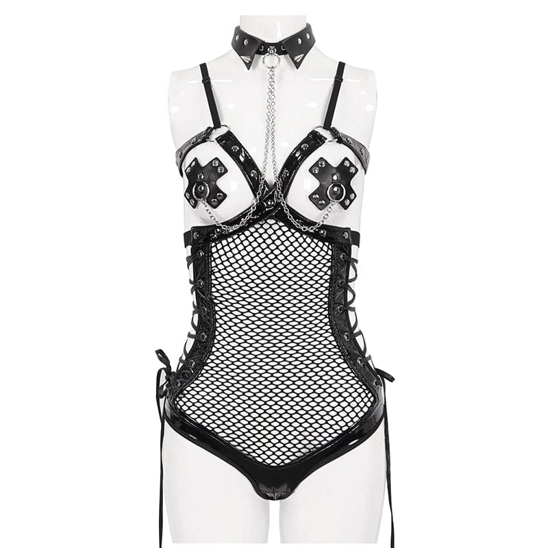 Women's Gothic Studded Mesh Splice Patent Leather Bodysuit with Choker - Image 8