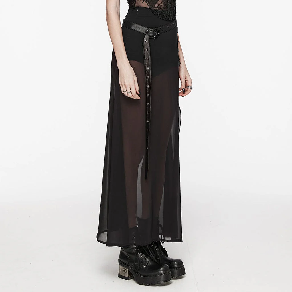Women's Gothic Studded Split Chiffon Skirt with Belt - Image 2