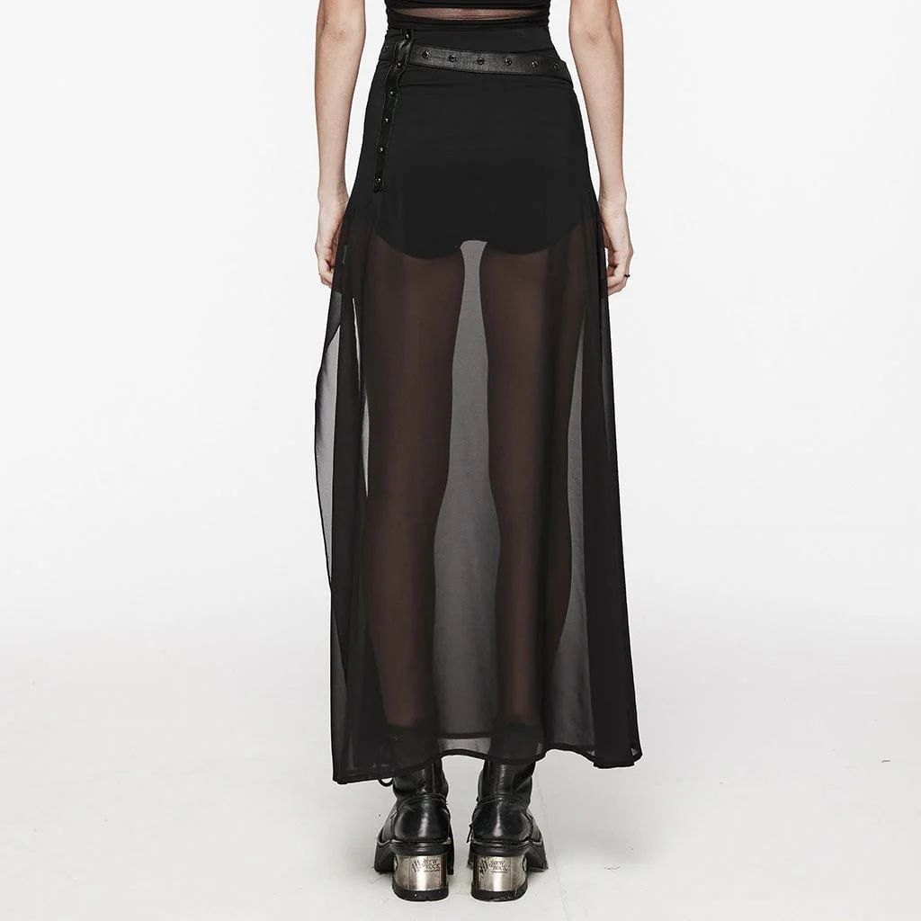 Women's Gothic Studded Split Chiffon Skirt with Belt - Image 3