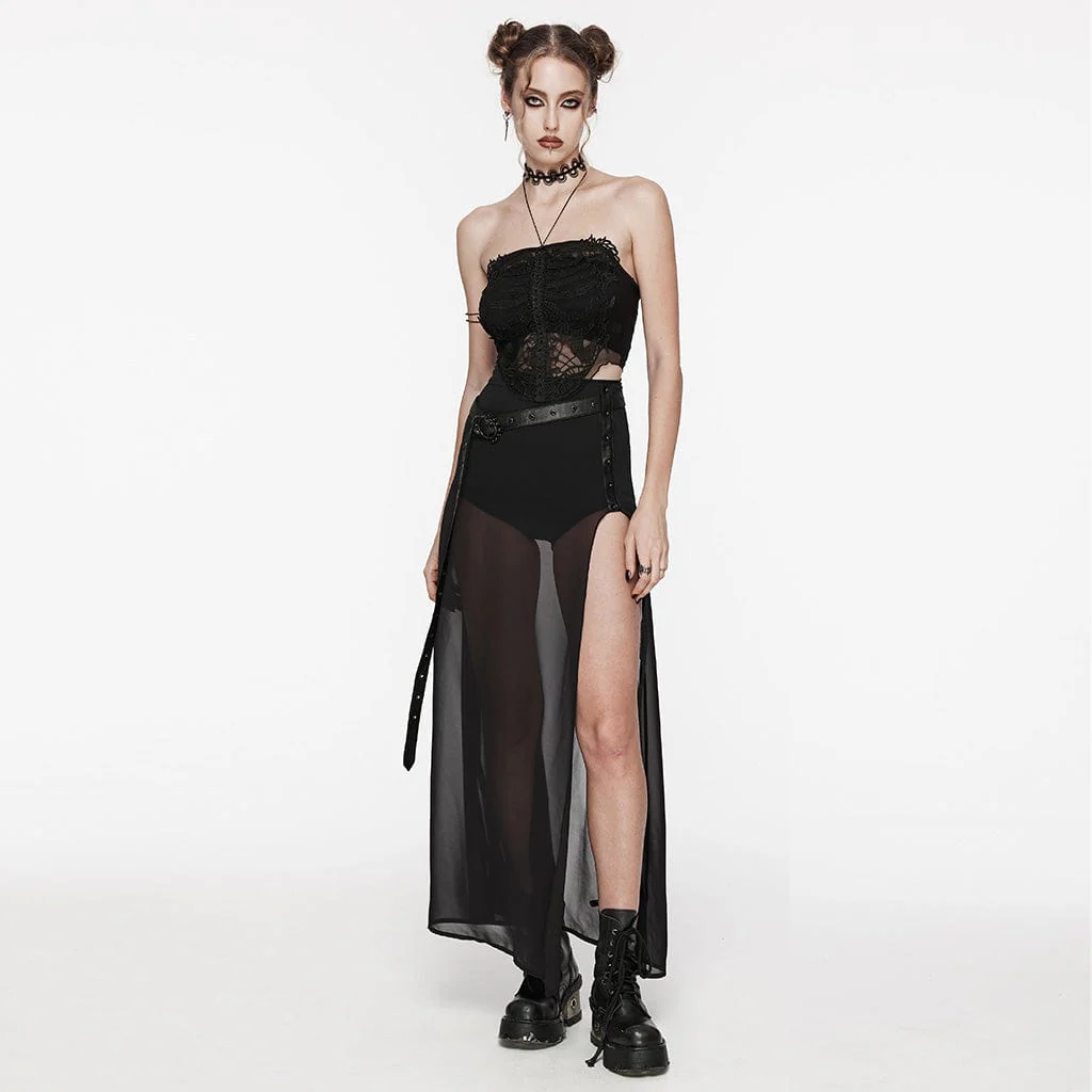 Women's Gothic Studded Split Chiffon Skirt with Belt - Image 4