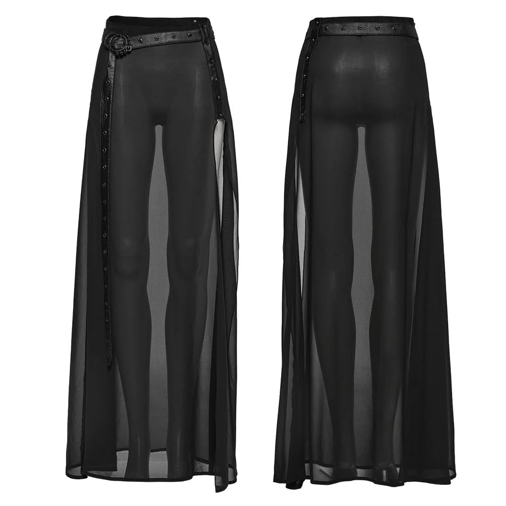 Women's Gothic Studded Split Chiffon Skirt with Belt - Image 5