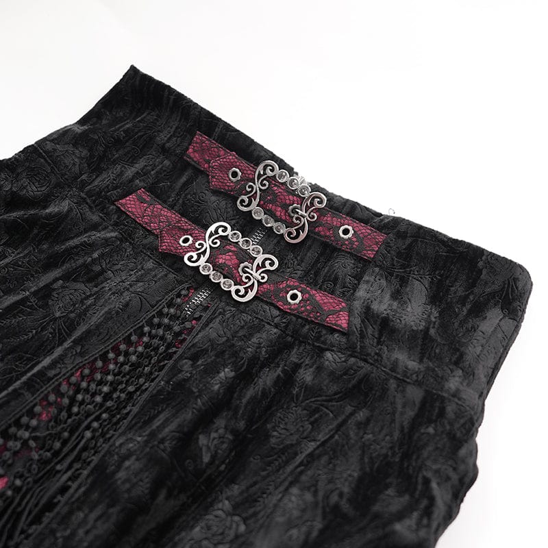 Women's Gothic Tassels Buckle-up Long Skirt Black Red - Image 11