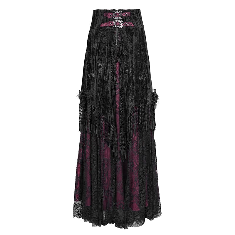 Women's Gothic Tassels Buckle-up Long Skirt Black Red - Image 7