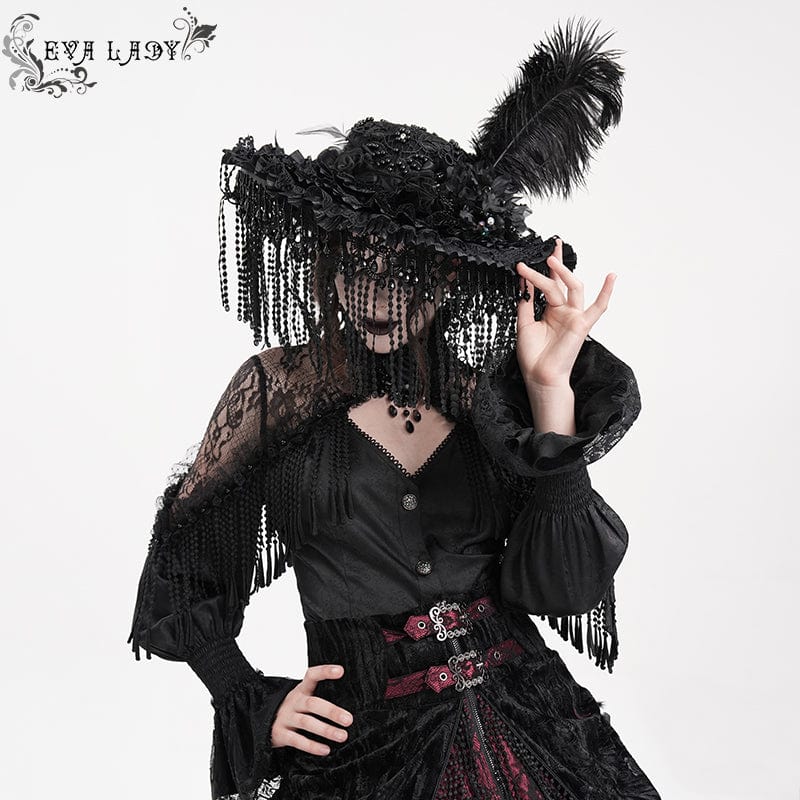 Women's Gothic Tassels Feather Lace Hat - Image 5