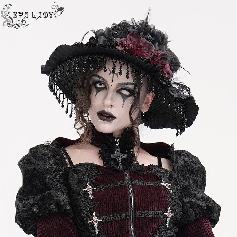 Women's Gothic Tassels Feather Rose Hat