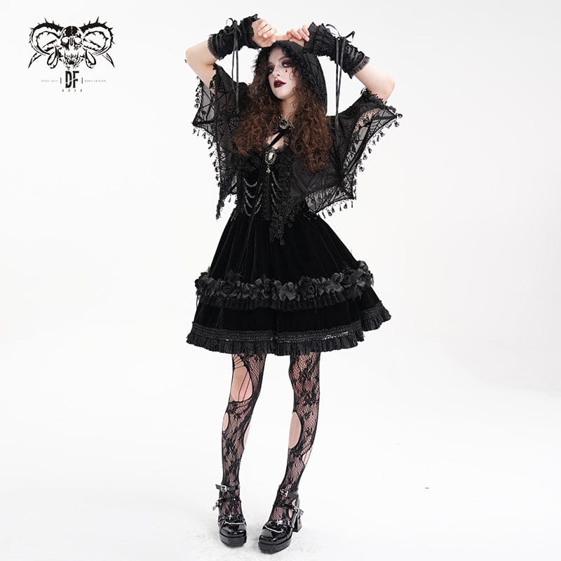 Women's Gothic Tassels Strap Mesh Cape with Hood - Image 6