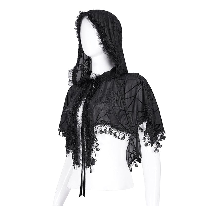 Women's Gothic Tassels Strap Mesh Cape with Hood - Image 8