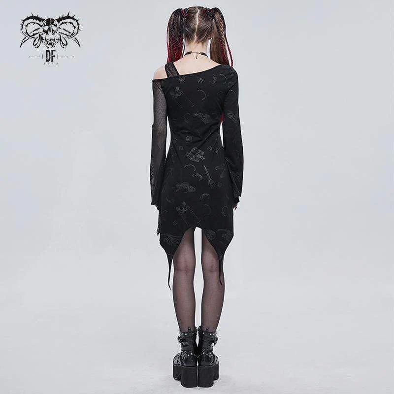 Women's Gothic Toned Horn Sleeved Mesh Splice Dress - Image 3