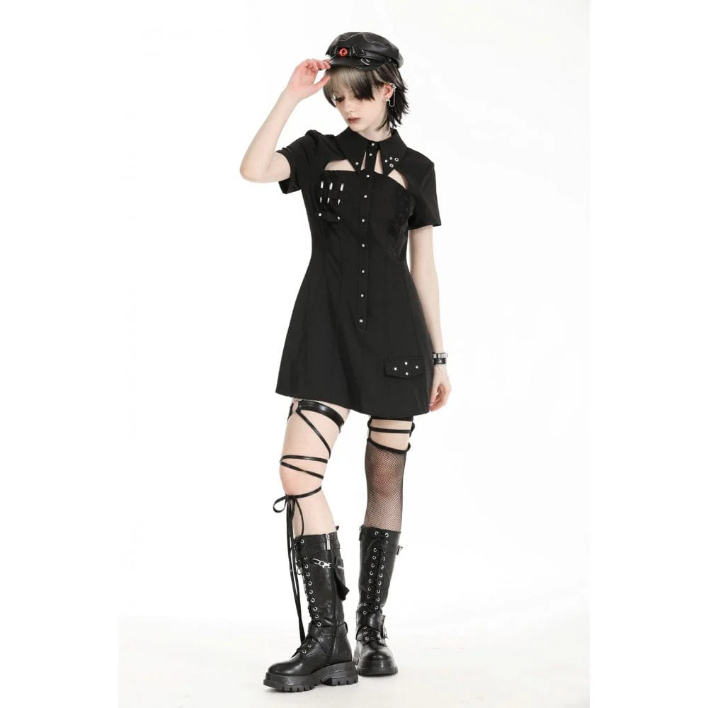 Women's Gothic Turn-down Collar Cutout Homecoming Dress - Image 4