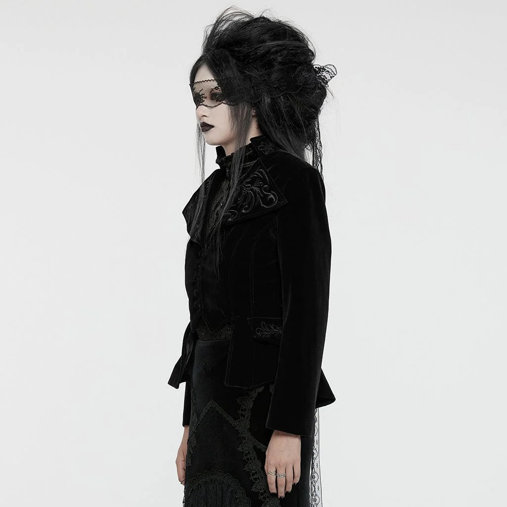 Women's Gothic Turn-down Collar Swallow-tailed Velvet Jacket Black - Image 2