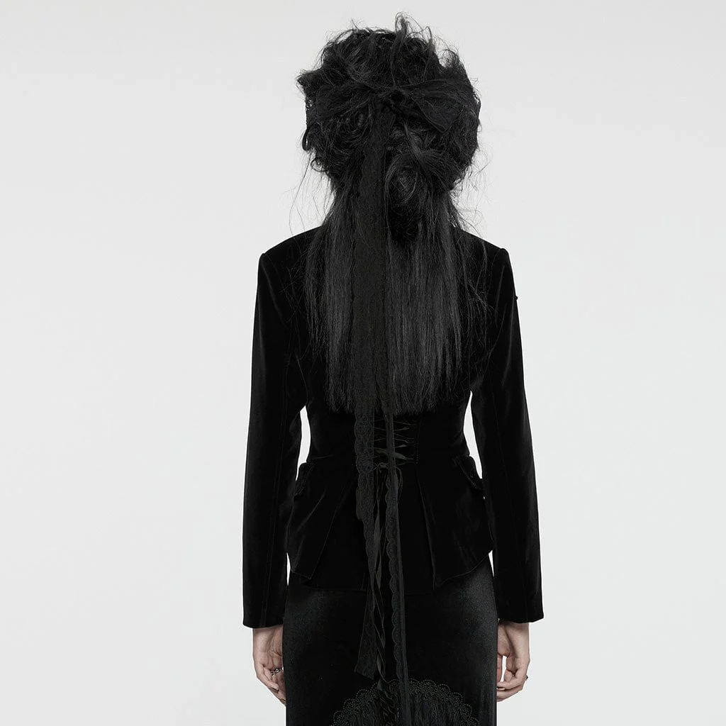 Women's Gothic Turn-down Collar Swallow-tailed Velvet Jacket Black - Image 3