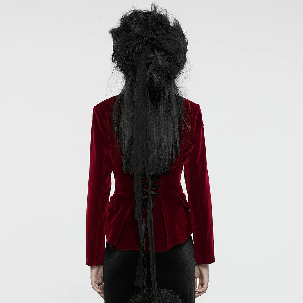 Women's Gothic Turn-down Collar Swallow-tailed Velvet Jacket Red - Image 3