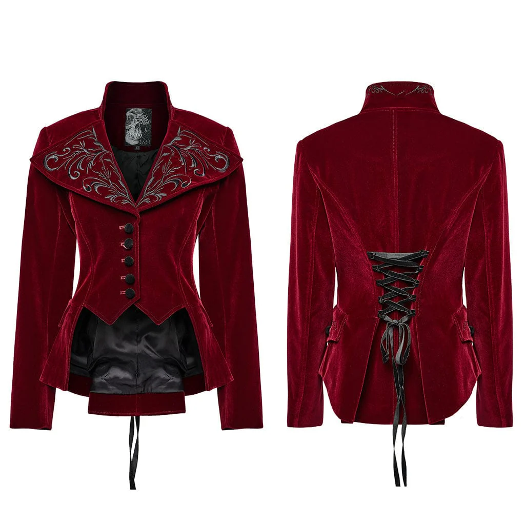 Women's Gothic Turn-down Collar Swallow-tailed Velvet Jacket Red - Image 5