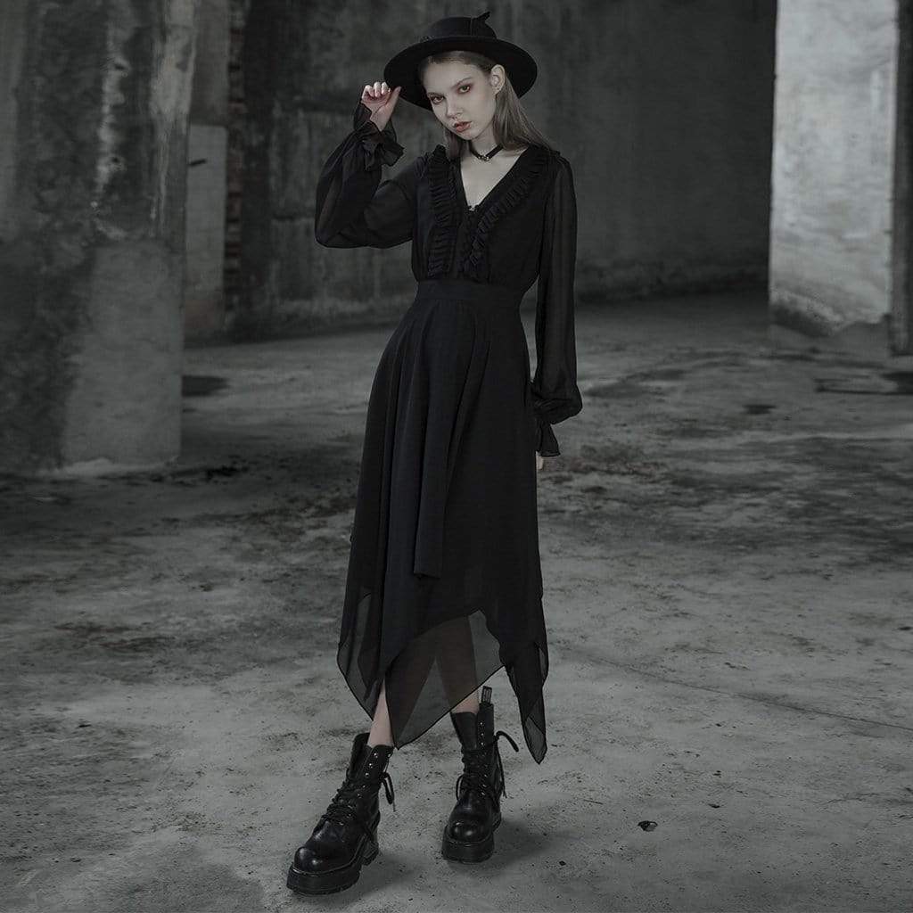 Women's Gothic V-neck Long Sleeved Irregular Hem Chiffon Dresses - Image 2