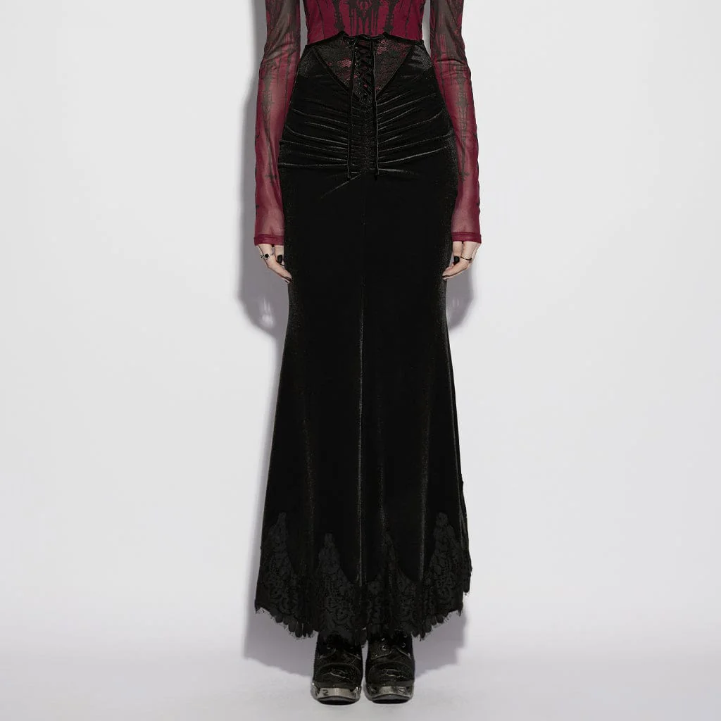 Women's Gothic Velvet Ruched Mermaid Skirt Black