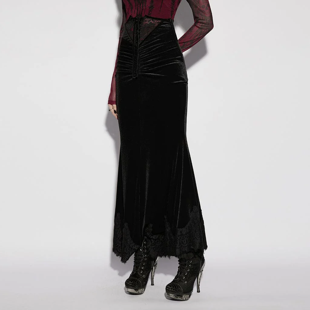 Women's Gothic Velvet Ruched Mermaid Skirt Black - Image 2