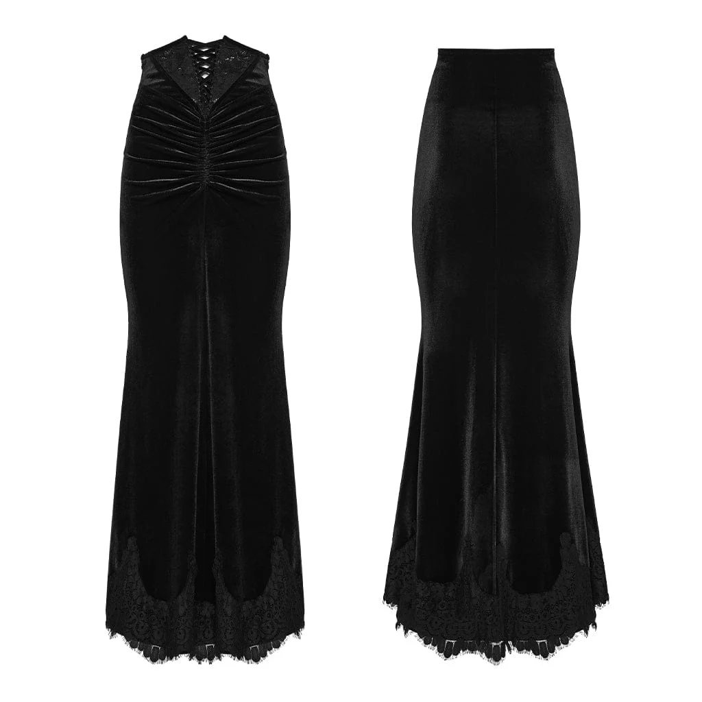 Women's Gothic Velvet Ruched Mermaid Skirt Black - Image 5