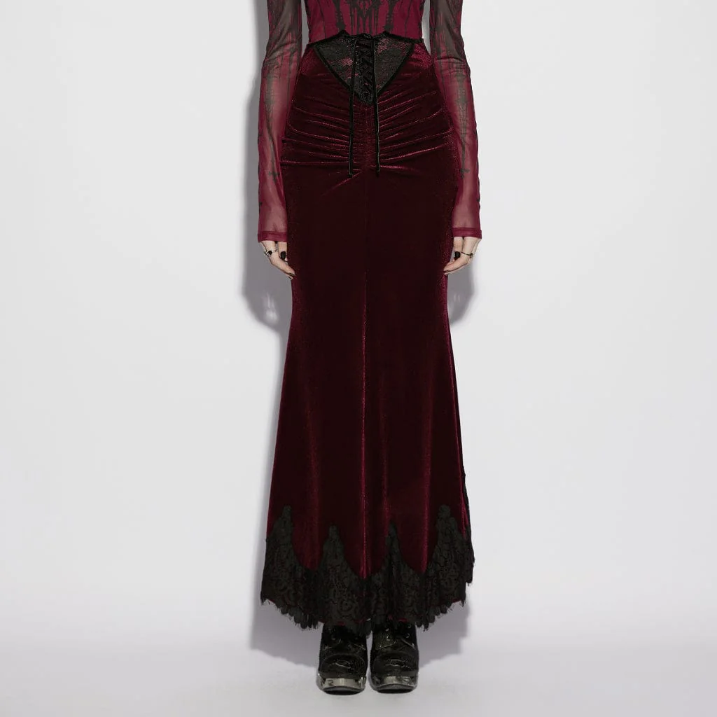 Women's Gothic Velvet Ruched Mermaid Skirt Red