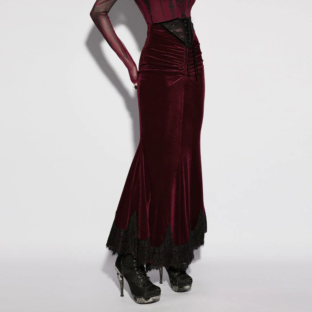 Women's Gothic Velvet Ruched Mermaid Skirt Red - Image 2