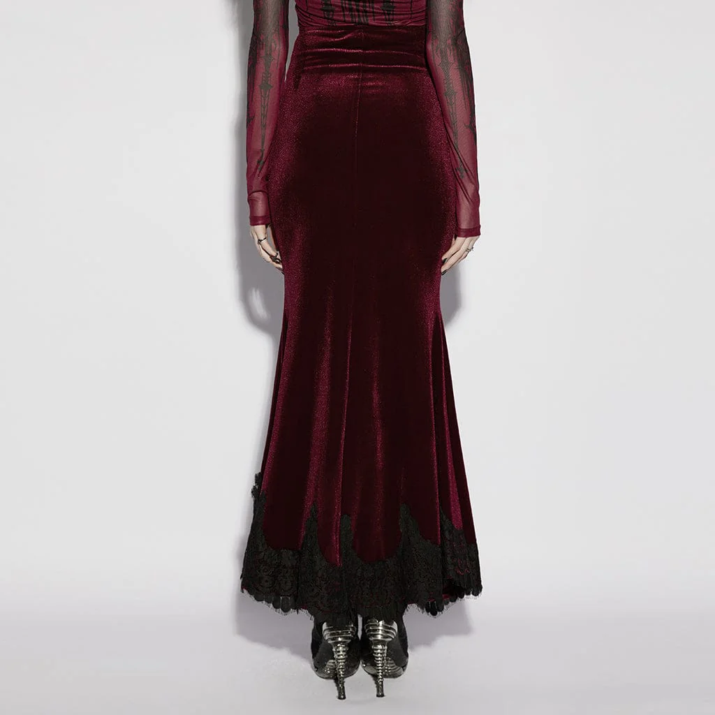 Women's Gothic Velvet Ruched Mermaid Skirt Red - Image 3