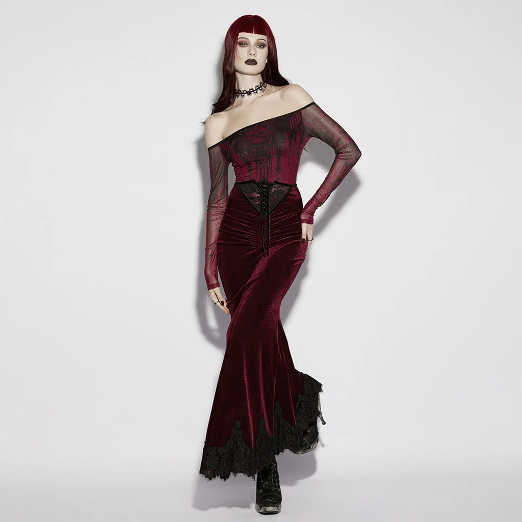 Women's Gothic Velvet Ruched Mermaid Skirt Red - Image 4