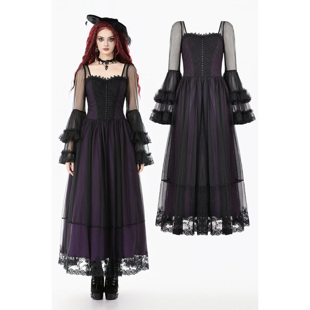 Women's Gothic Violet Square-cut Collar Flared Sleeved Maxi Dress Wedding Dress