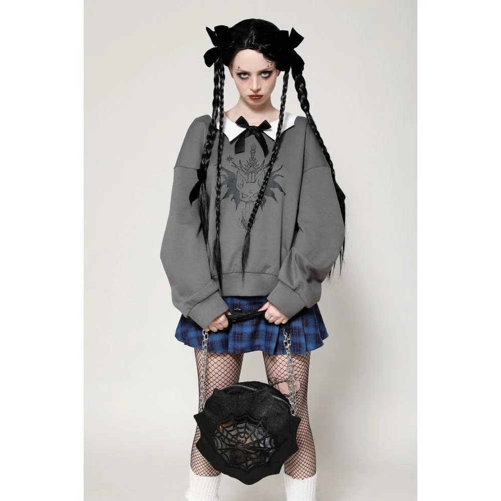 Women's Grunge Bowknot Bat Sweatshirt Gray - Image 2