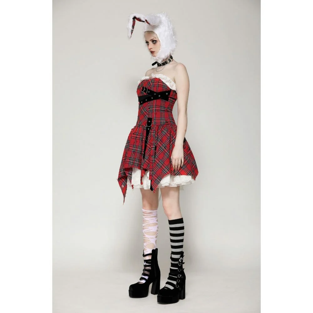 Women's Grunge Buckle-up Ripped Plaid Dress Red - Image 6