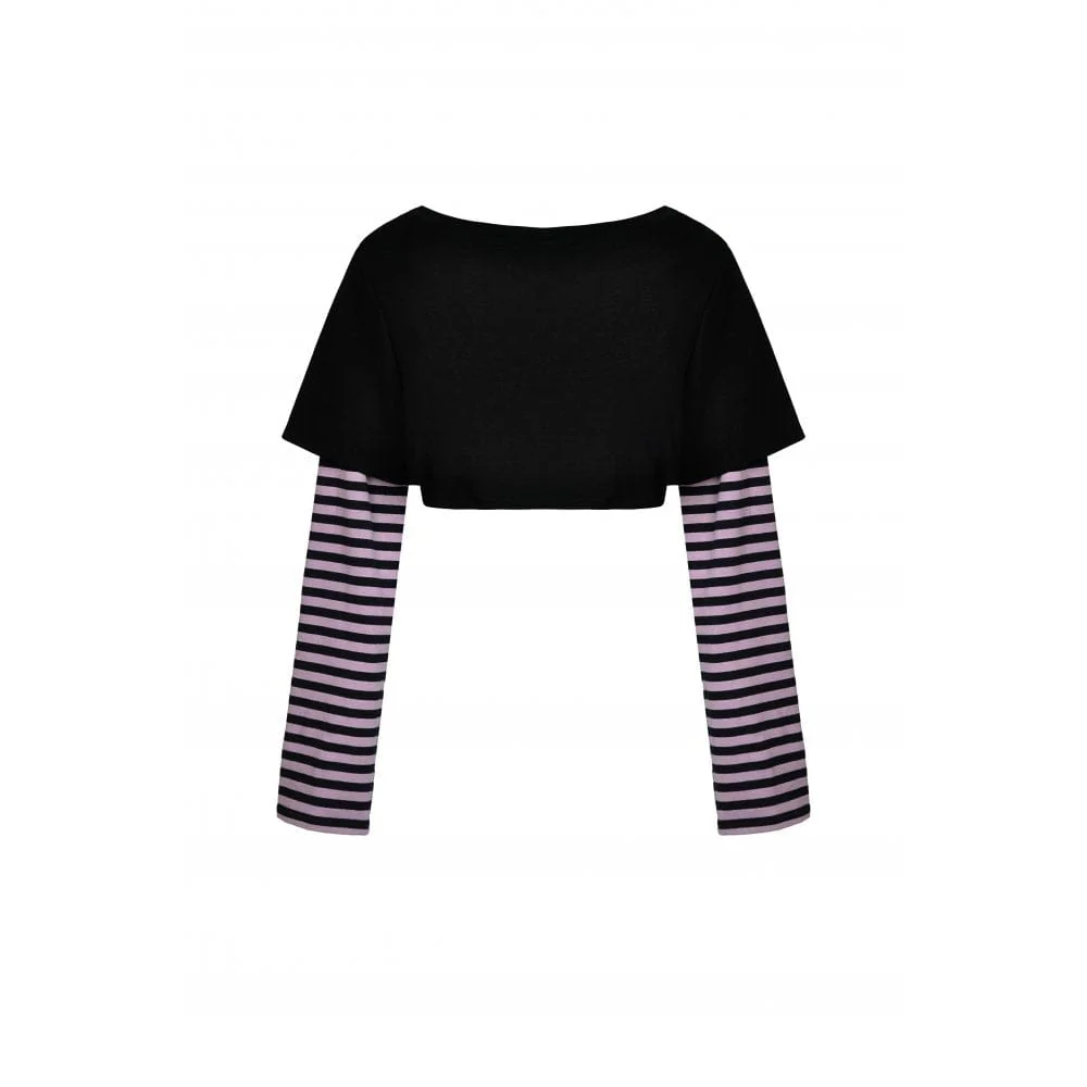 Women's Grunge Cat Printed Striped Sleeve Crop Top - Image 8