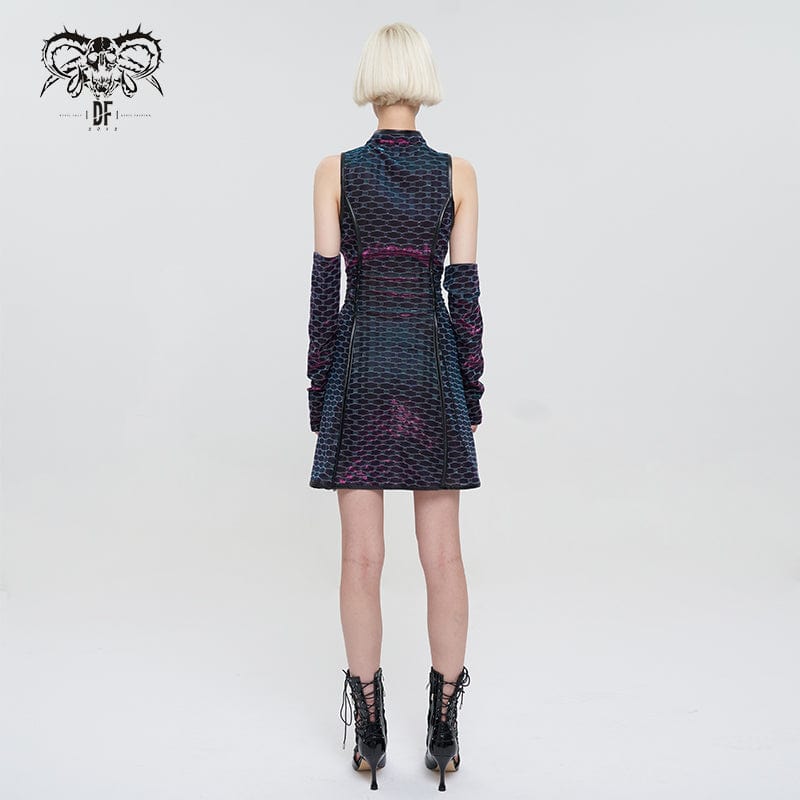 Women's Grunge Cheongsam Collar Scaly Printed Dress with Oversleeves - Image 5