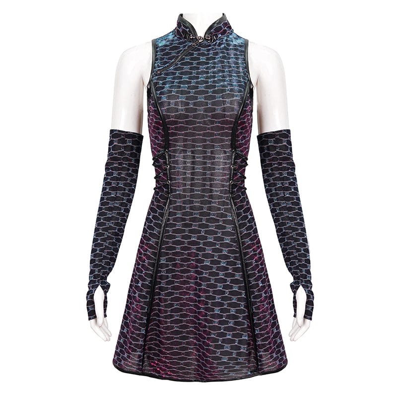 Women's Grunge Cheongsam Collar Scaly Printed Dress with Oversleeves - Image 6