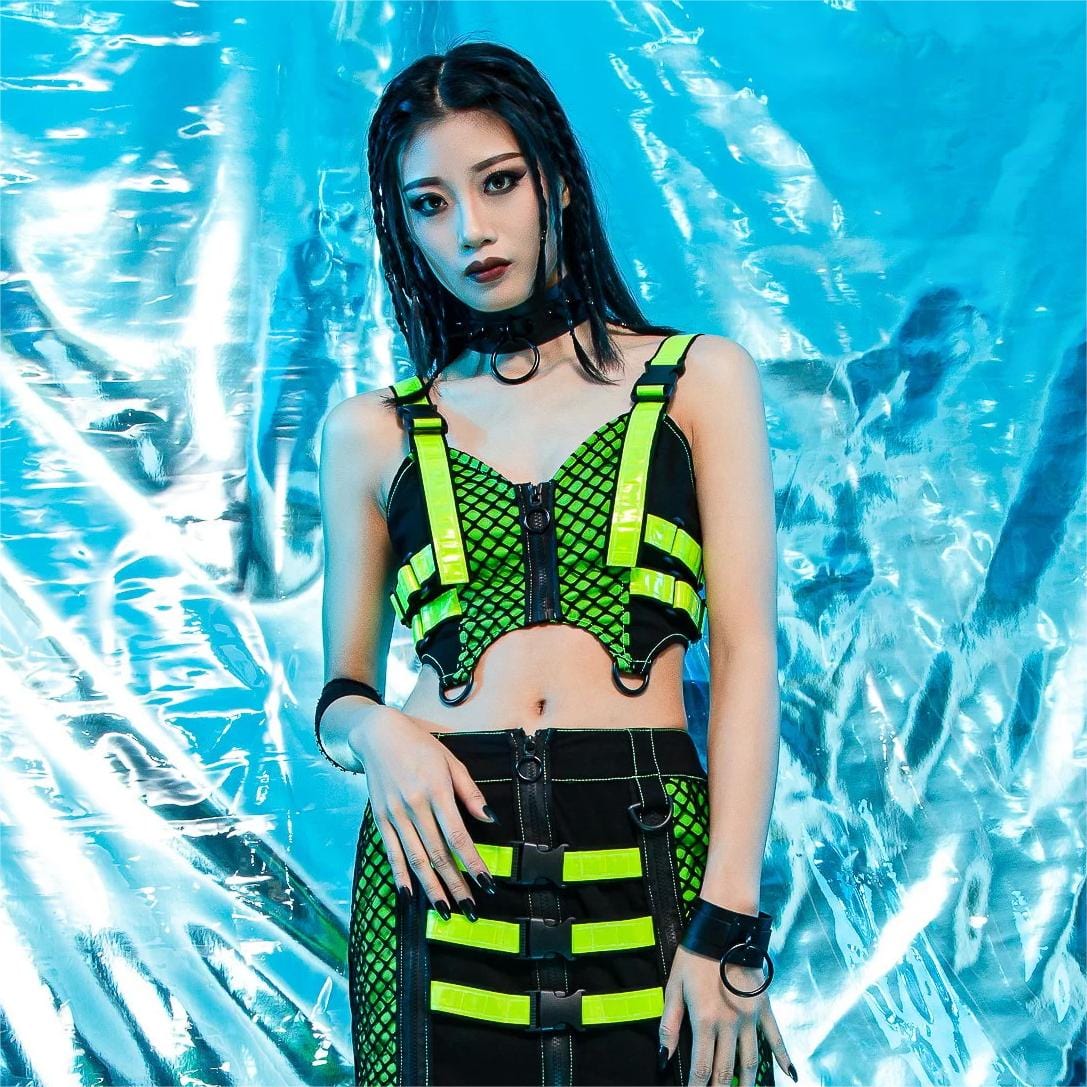 Women's Grunge Contrast Color Buckle Vest Green - Image 3