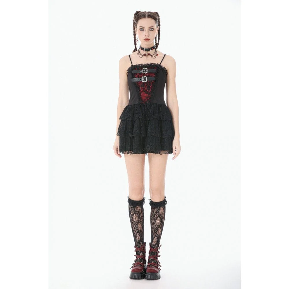 Women's Grunge Contrast Color Lace Tiered Slip Dress Graduation Dress - Image 4