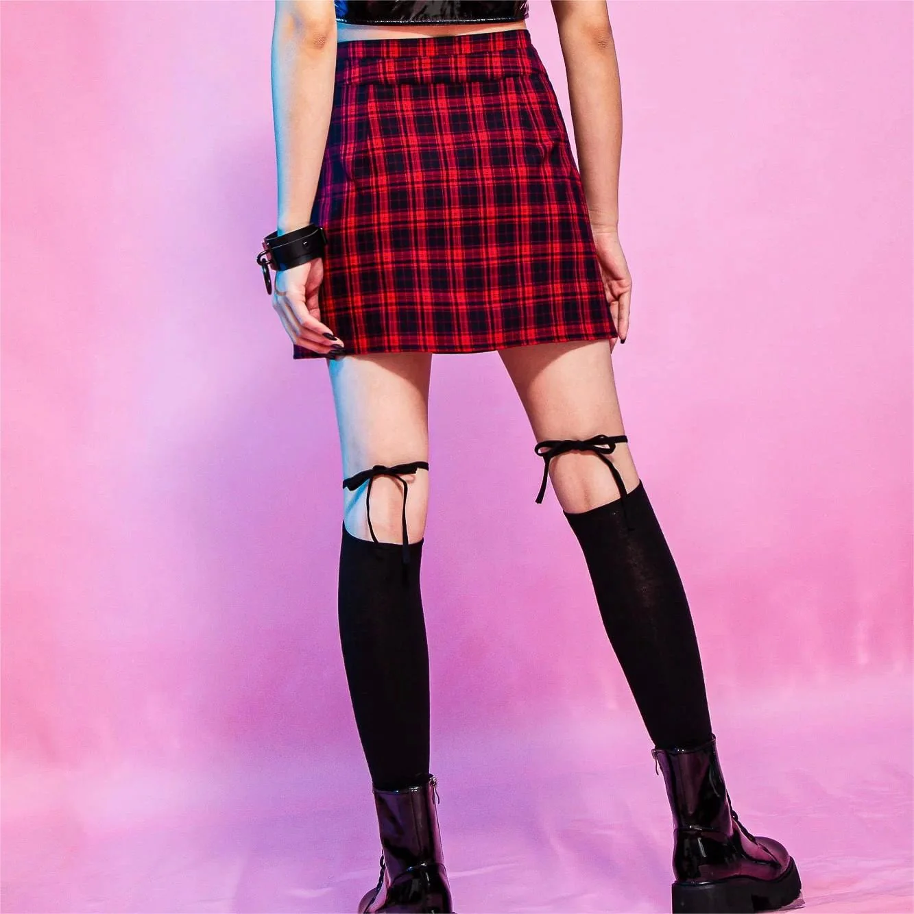 Women's Grunge Cutout Buckle Plaid Skirt - Image 2