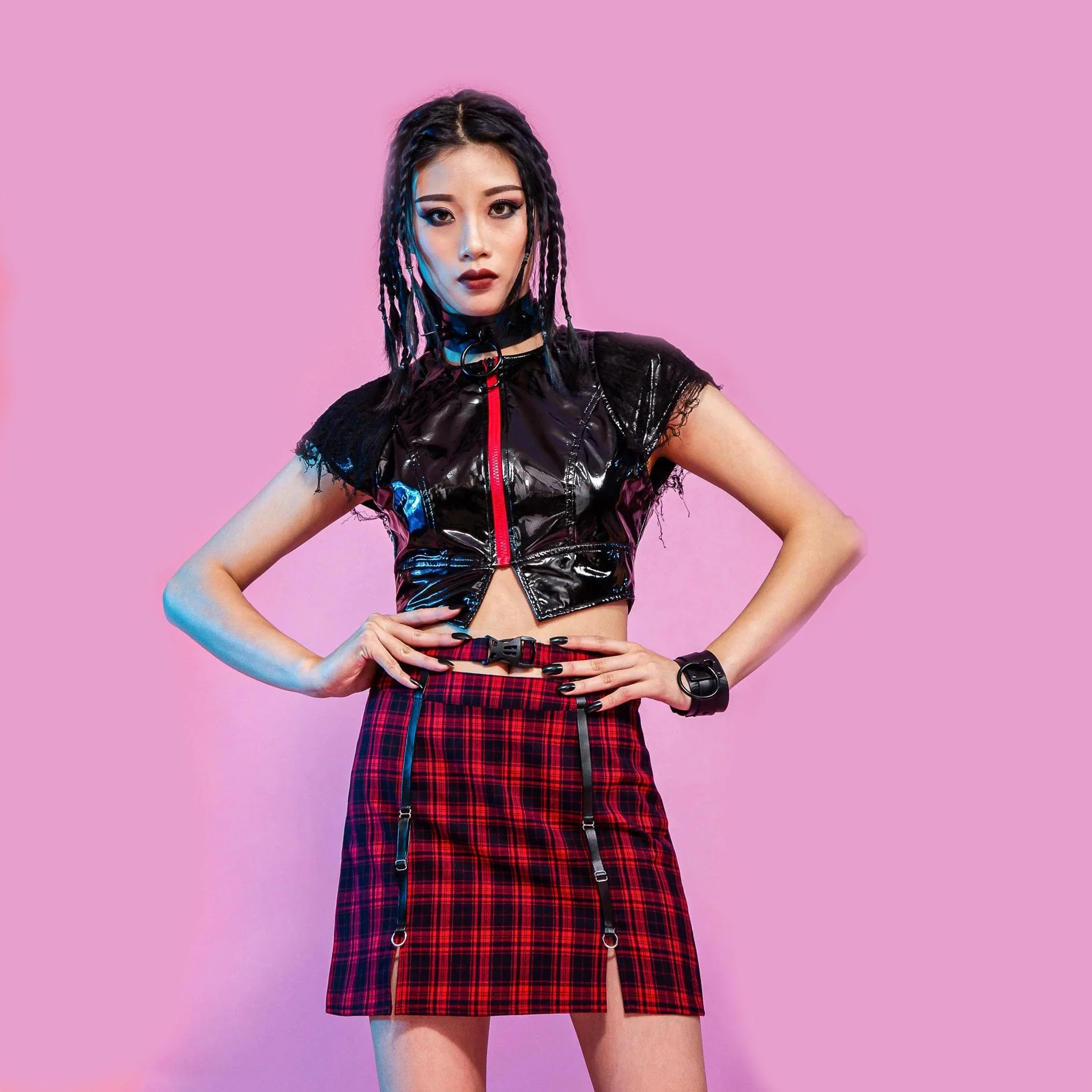 Women's Grunge Cutout Buckle Plaid Skirt - Image 3