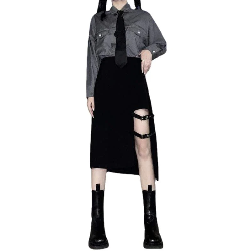 Women's Grunge Cutout Irregular Black Maxi Skirts - Image 3
