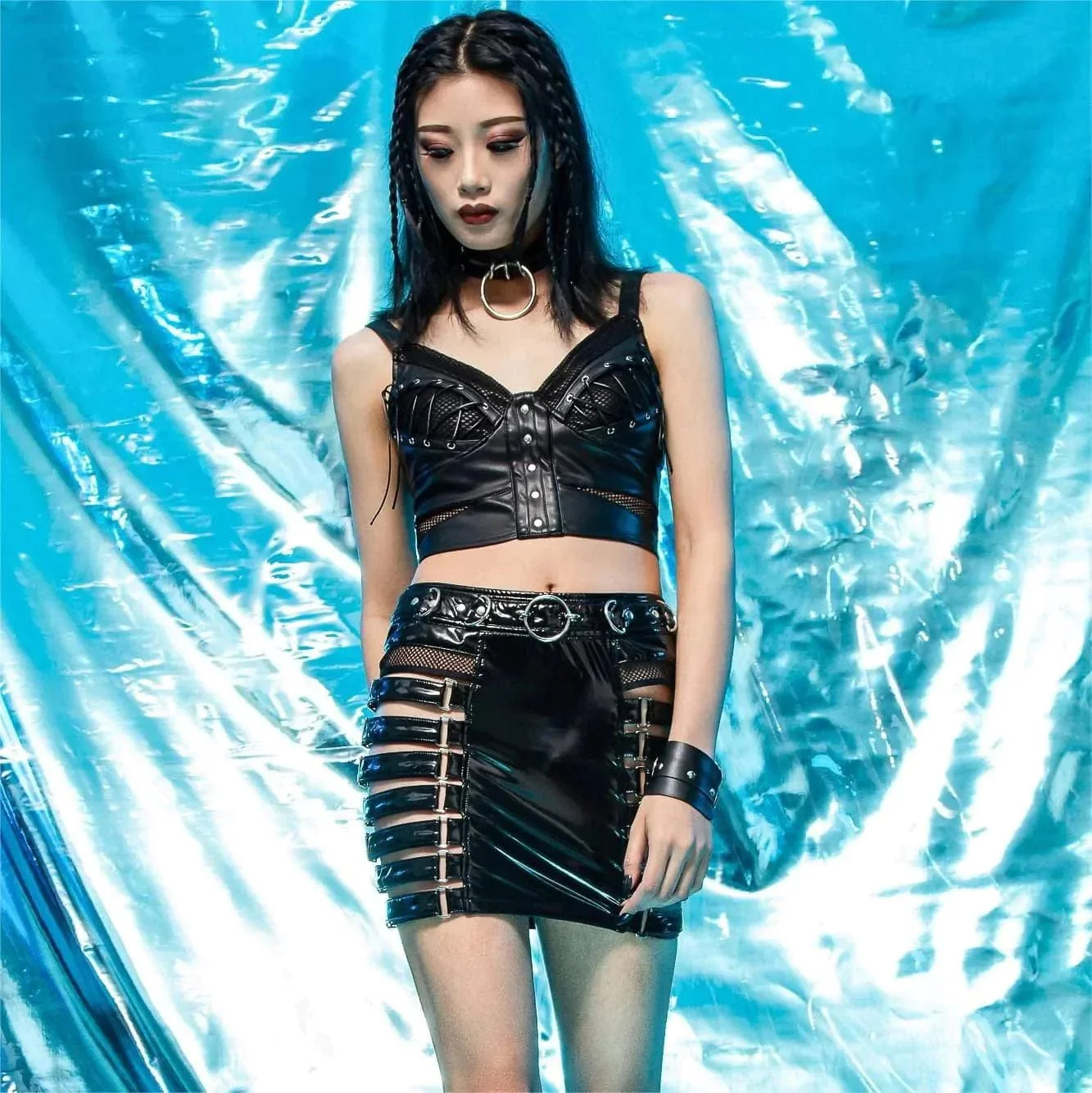 Women's Grunge Cutout Patent Leather Skirt - Image 6