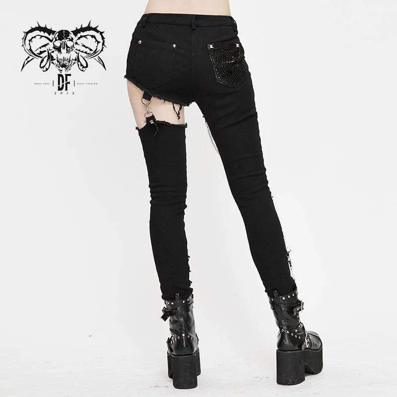 Women's Grunge Cutout Ripped Pants With Rivets And Chains - Image 4