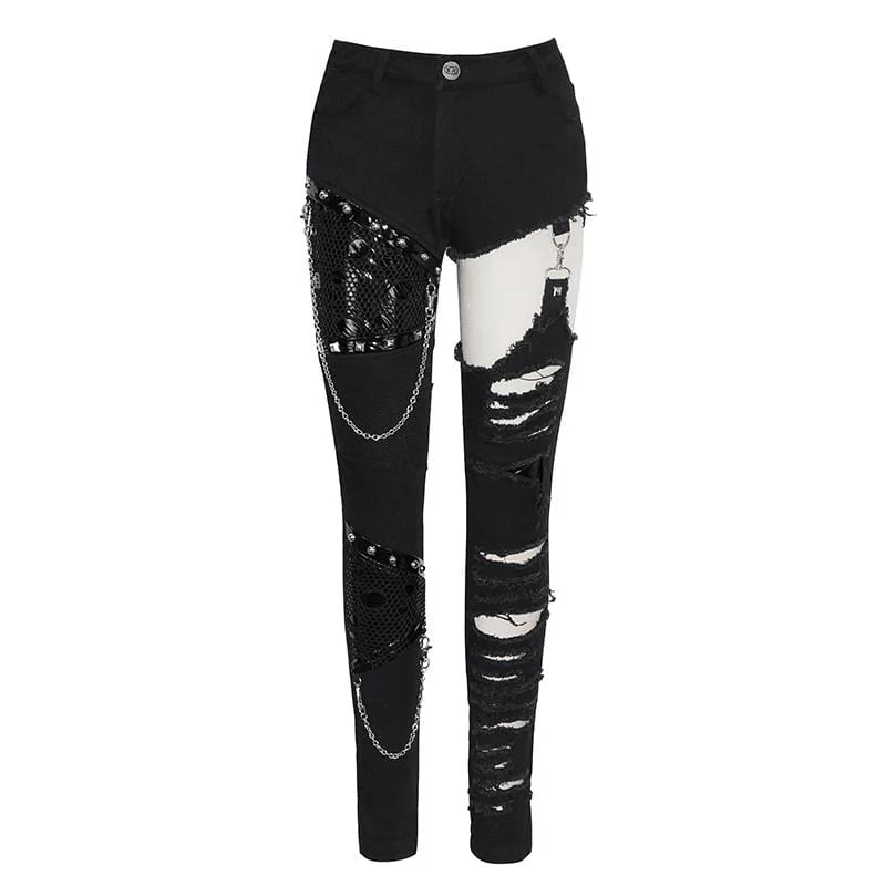 Women's Grunge Cutout Ripped Pants With Rivets And Chains - Image 5