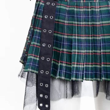 Women's Grunge Eyelet Buckled Plaid Pleated Skirt Green - Image 7