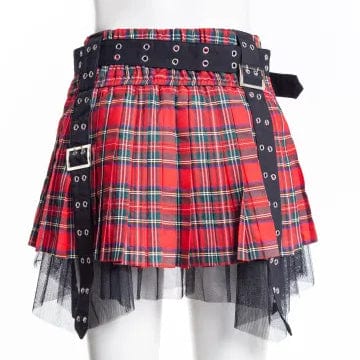 Women's Grunge Eyelet Buckled Plaid Pleated Skirt Red - Image 5