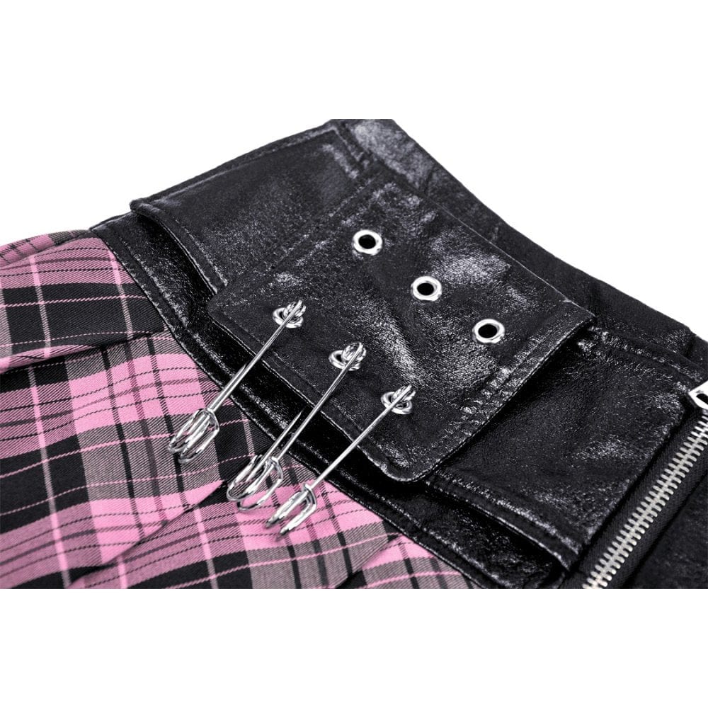Women's Grunge Faux Leather Splice Plaid Pleated Skirt - Image 11